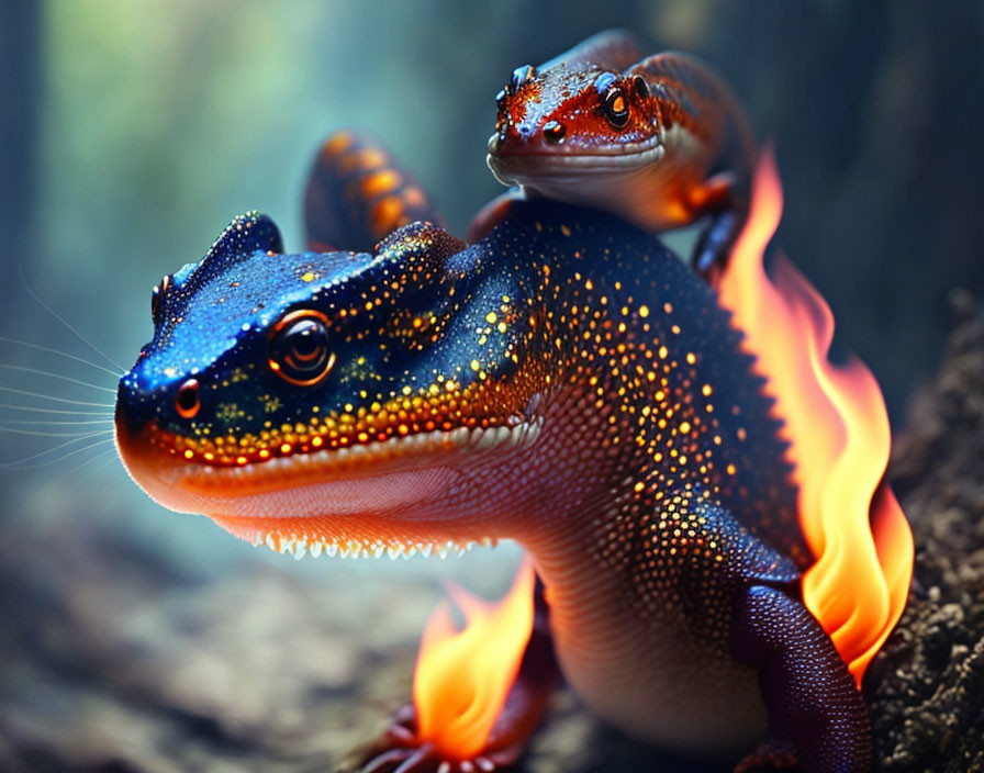 Digitally Altered Salamander with Fiery Flame Pattern in Natural Setting