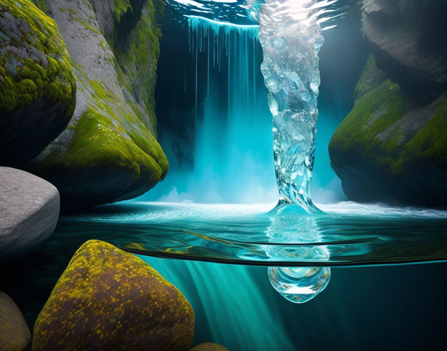 Moss-covered rocks in serene underwater cave with water vortex