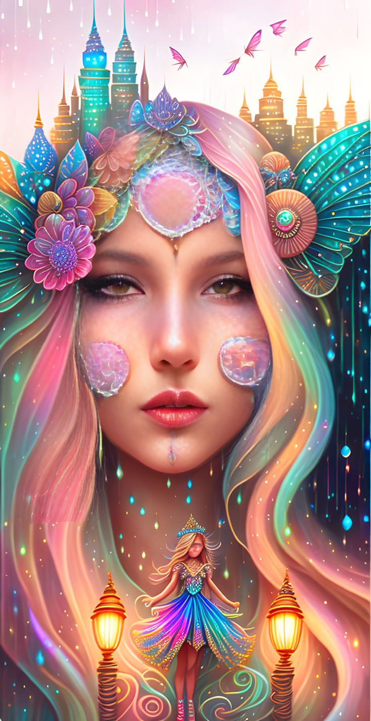 Colorful hair and floral adornments on mystical female figure in ethereal setting with floating lanterns and