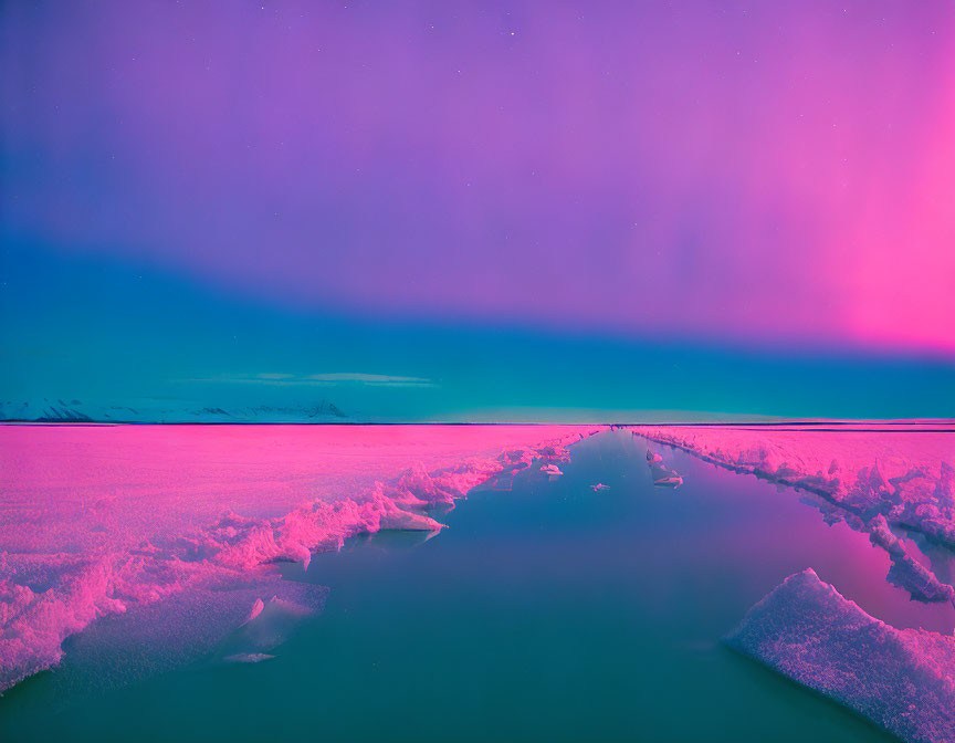 Vibrant aurora illuminating icy landscape with crack under starlit sky