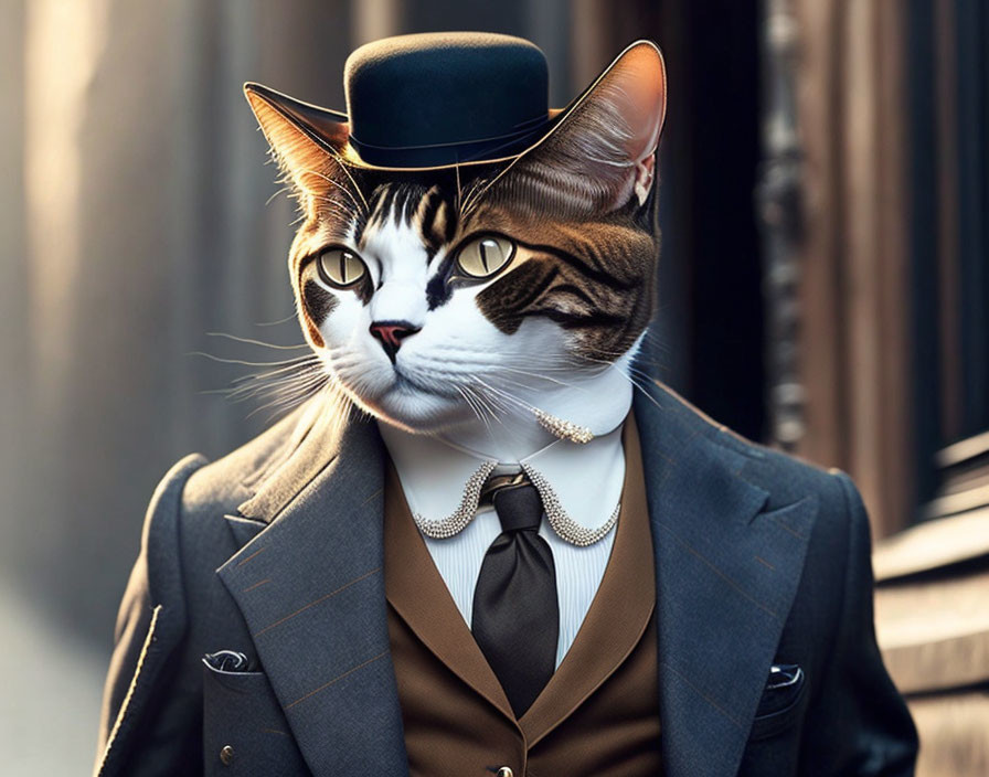 Cat in Suit, Tie, and Top Hat Portraying Sophistication