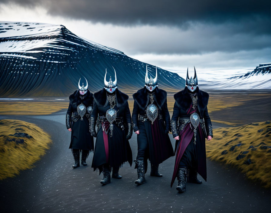 Four Figures in Horned Helmets and Cloaks on Desolate Road with Snowy Mountain