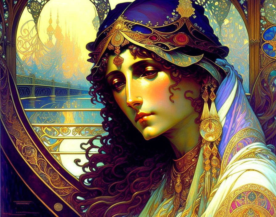 Woman with Ornate Headwear and Jewelry in Warm Tones and Art Nouveau-Inspired Patterns