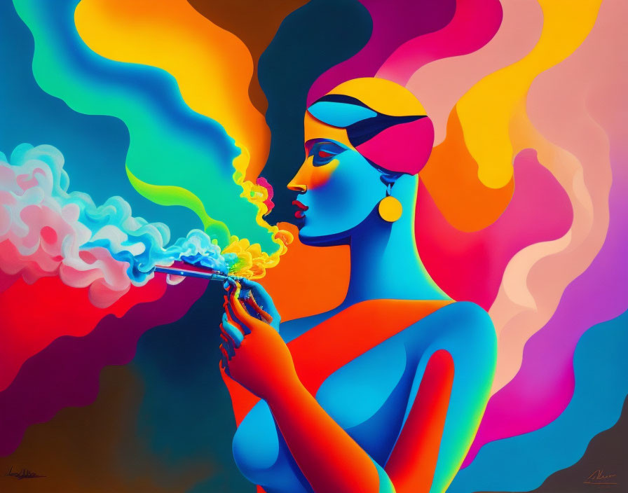 Colorful digital art: Woman with blue skin playing flute on vibrant backdrop