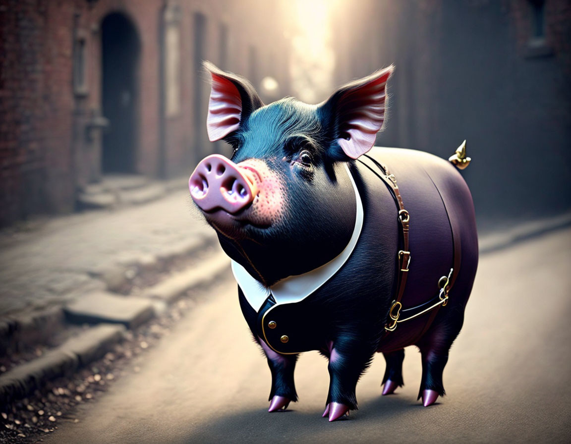 Stylized pig with leather harness and golden wings in urban alleyway