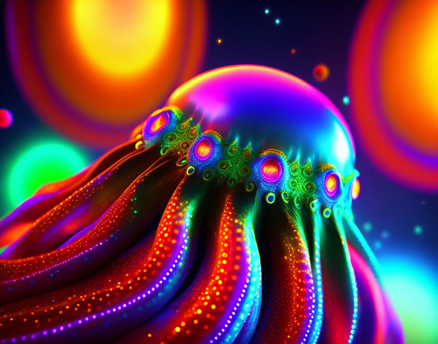 Neon jellyfish digital art with glowing tentacles