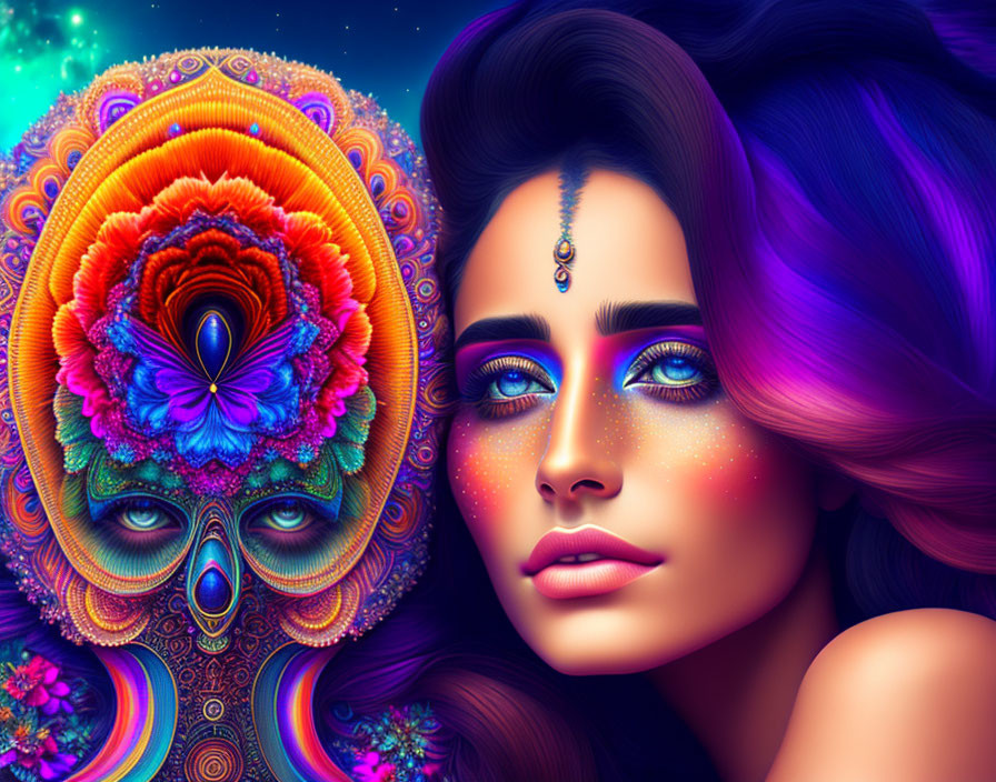 Colorful Digital Art: Woman with Blue Eyes & Peacock Feather Mask