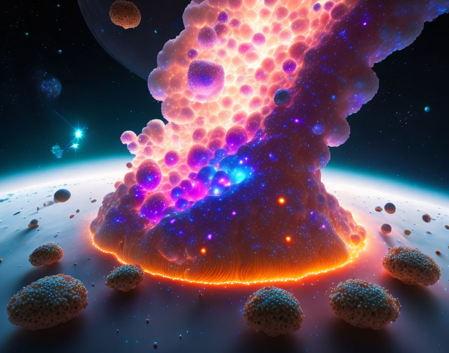 Surreal space scene with glowing coral-like structure, planet, asteroids, and bright light.