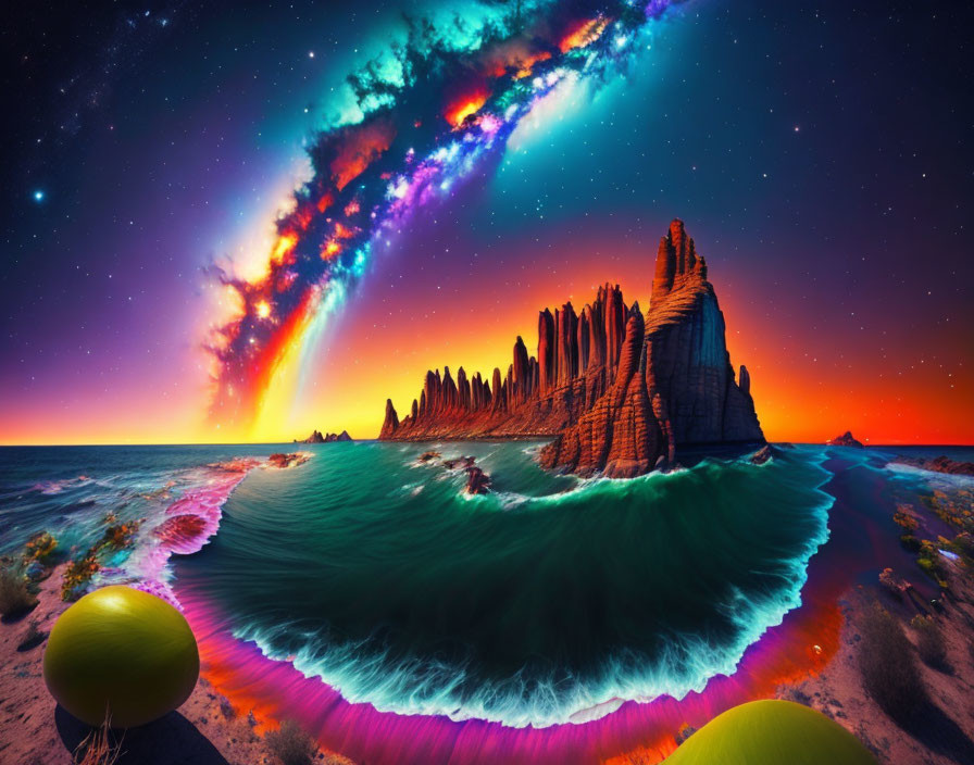 Surreal digital art: galaxy, rock formations, ocean waves