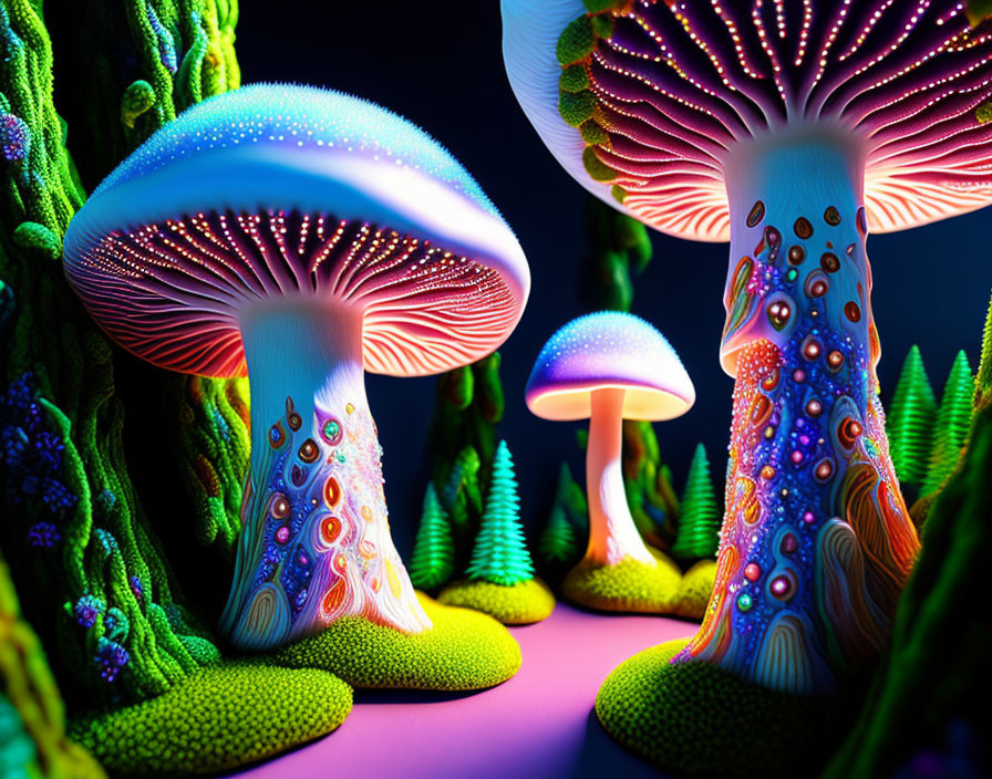 Vibrant fantasy mushrooms in neon-lit enchanted forest