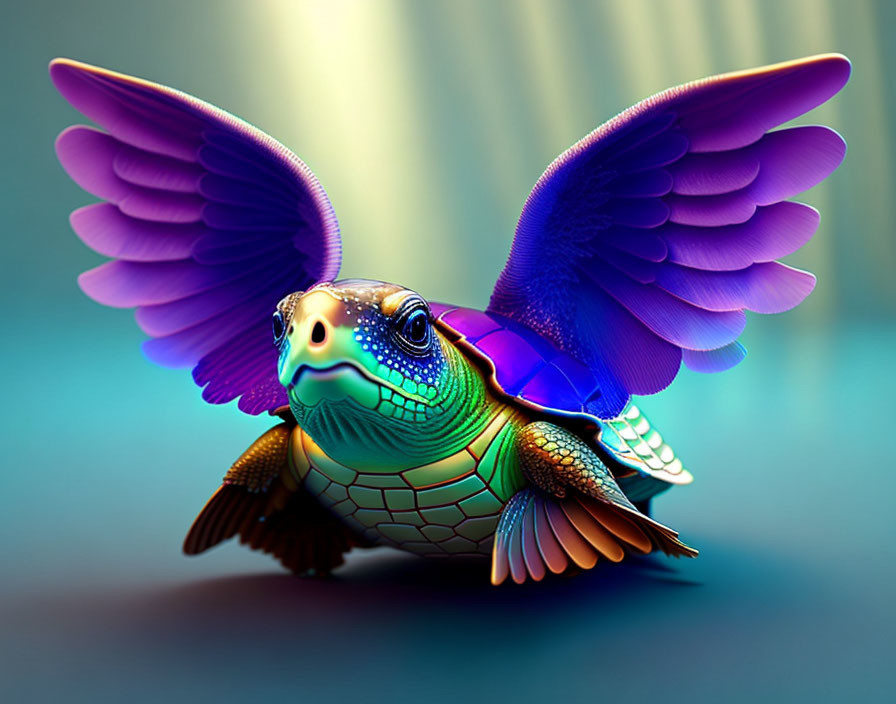 Colorful Flying Turtle with Purple Wings on Blue Gradient Background