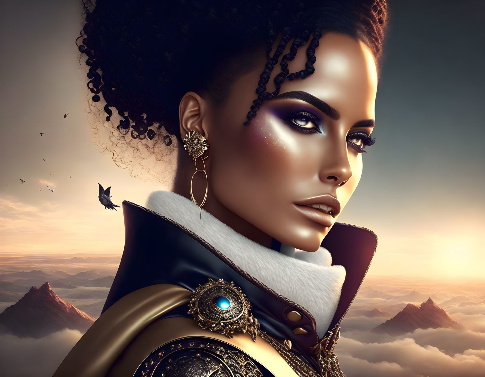 Digital portrait of woman with striking makeup, jewelry, luxurious coat, surreal landscape, and birds.