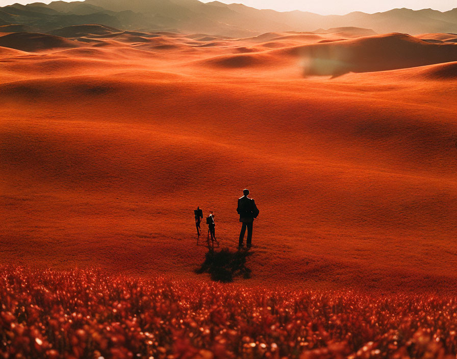 Photographer with tripod in golden-lit desert dunes.