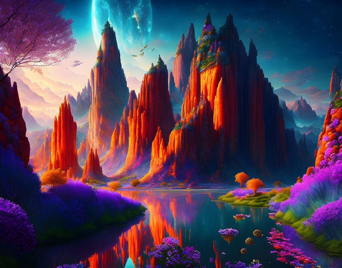 Colorful fantasy landscape with red rock formations, purple flora, river reflection, and twilight sky.