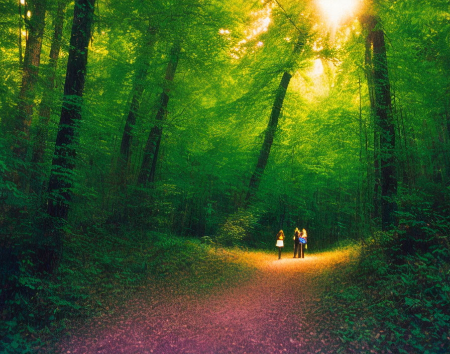 Forest Path: Two People Walking in Soft Sunlight