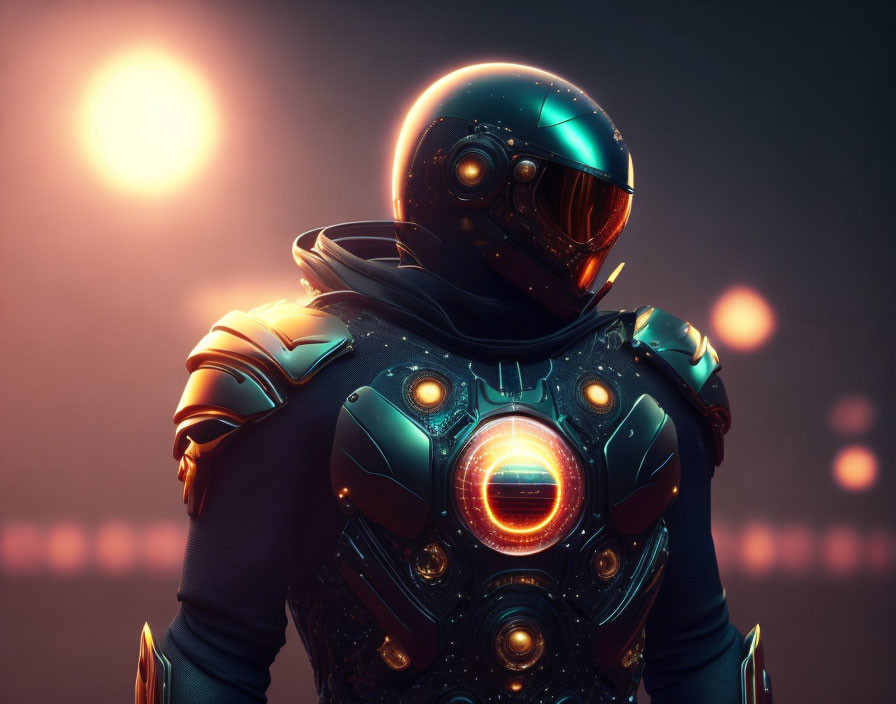 Futuristic armored figure in sleek helmet admiring glowing sunset