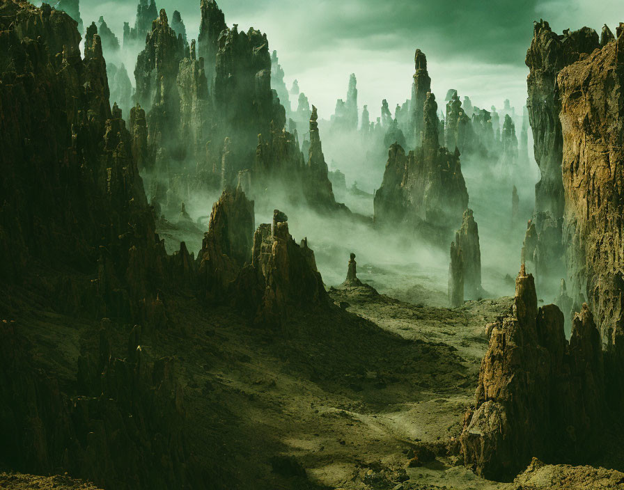 Misty rugged landscape with towering rock formations under green-tinted sky