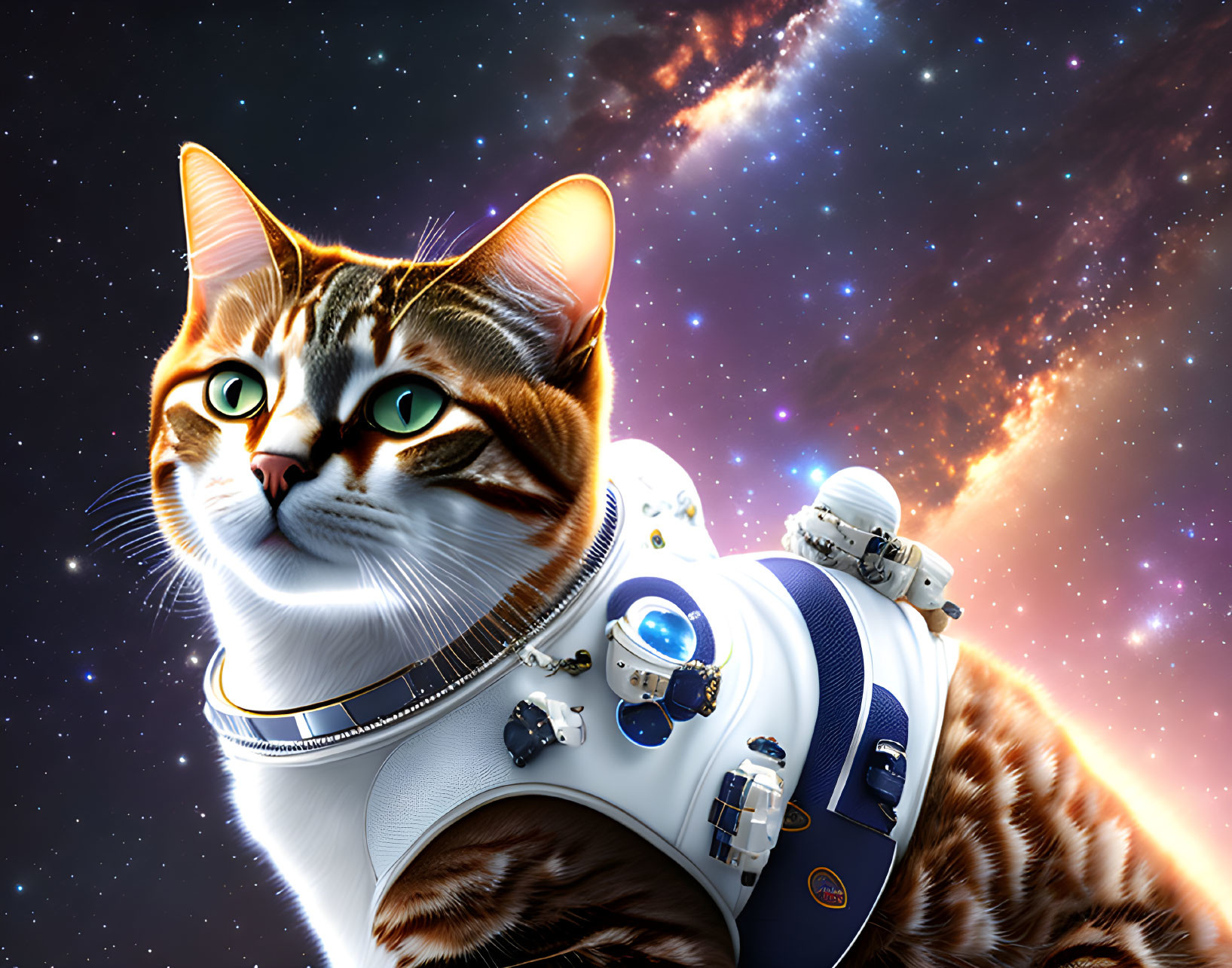 Green-eyed cat in astronaut suit against cosmic backdrop