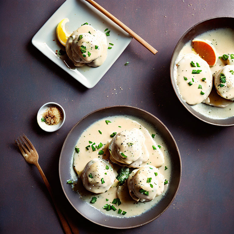 Three dumplings in creamy sauce with herbs, chopsticks, fork, and seasoning on dark surface