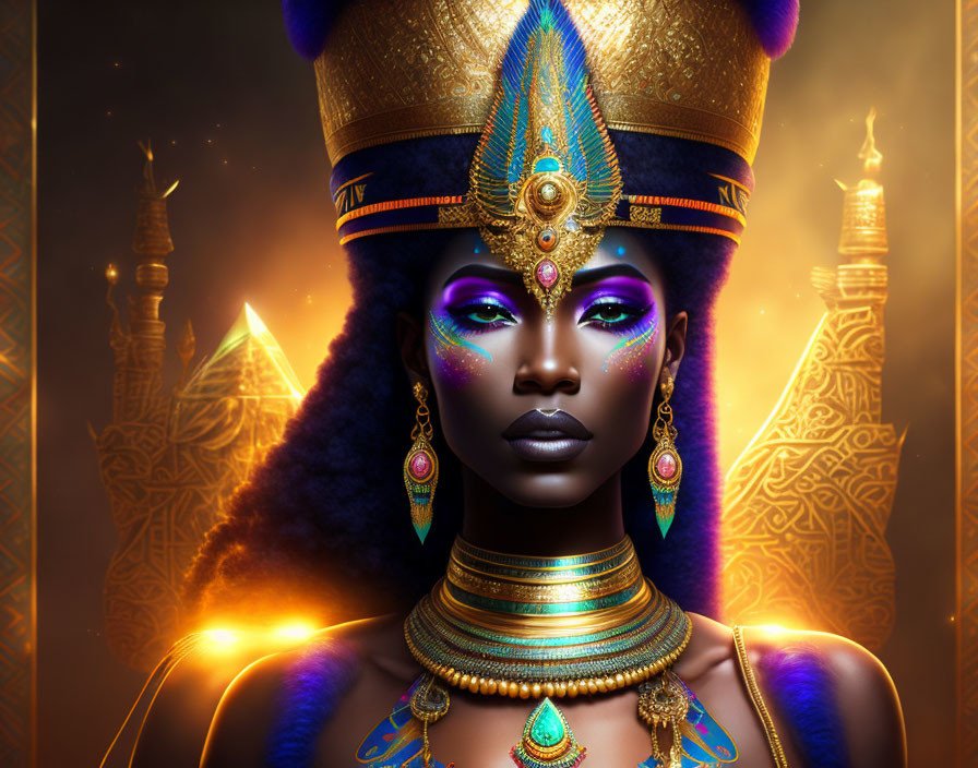 Regal Woman with Egyptian-Style Headgear and Golden Patterns