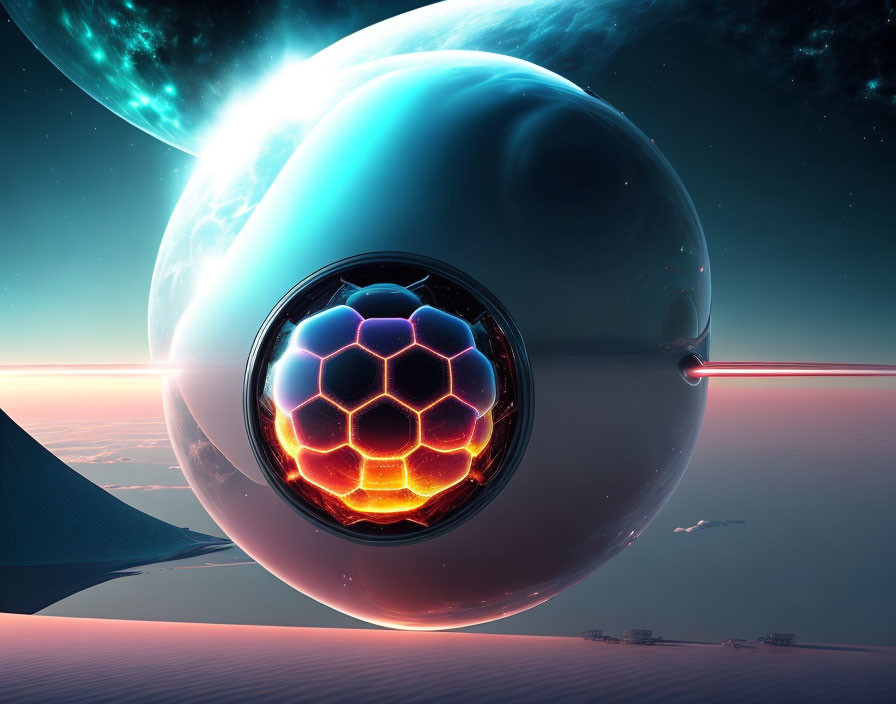 Glowing hexagonal orb structure in futuristic celestial scene