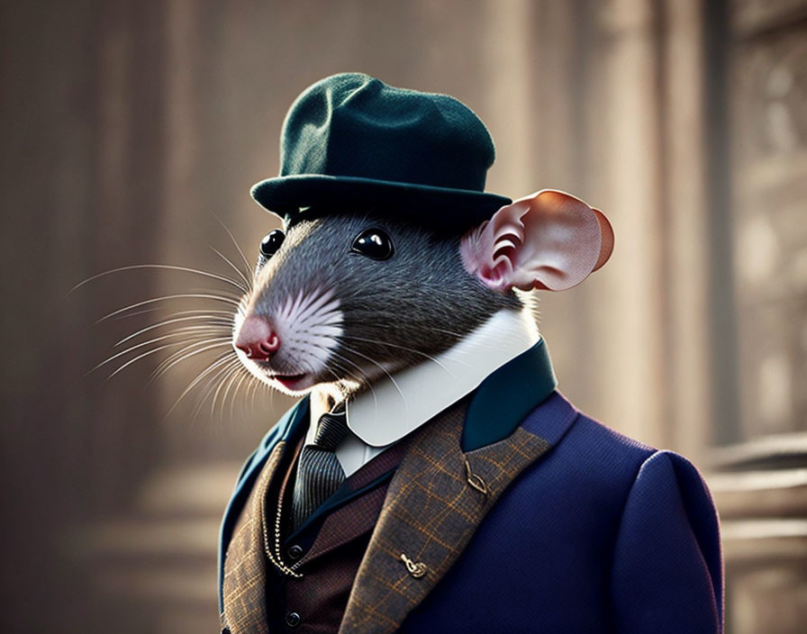 Anthropomorphic Rat in Elegant Attire with Green Hat and Old-town Background