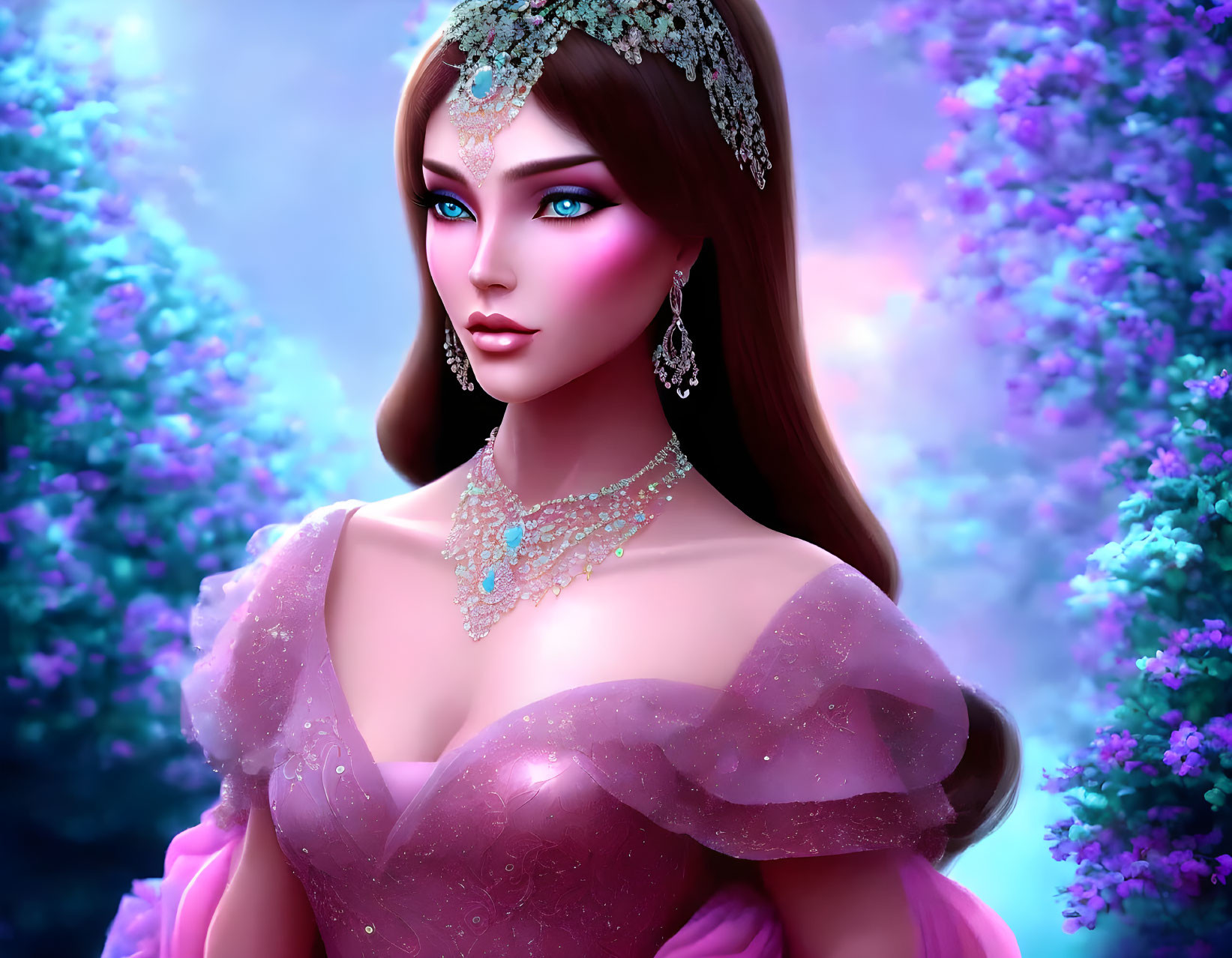 Illustrated Female Figure in Pink Dress with Brown Hair and Jewelry among Purple Flowers