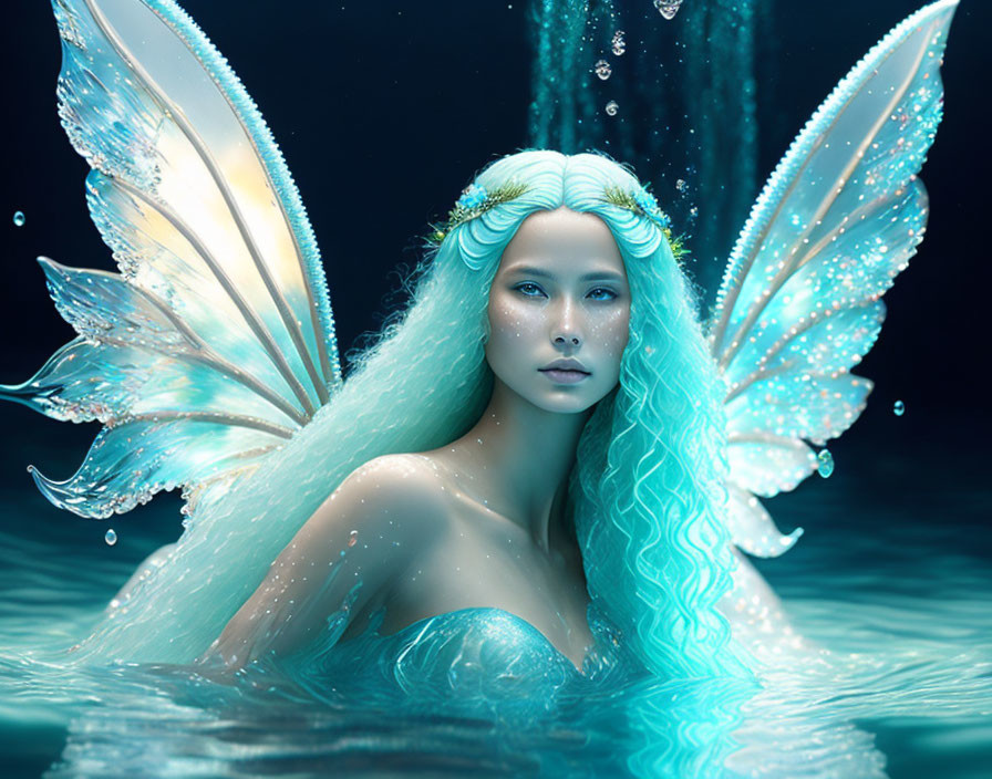 Person with iridescent wings emerging from water and pale blue hair