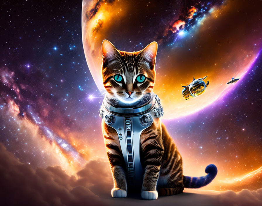 Futuristic cat in space suit with glowing eyes among planets and spaceships