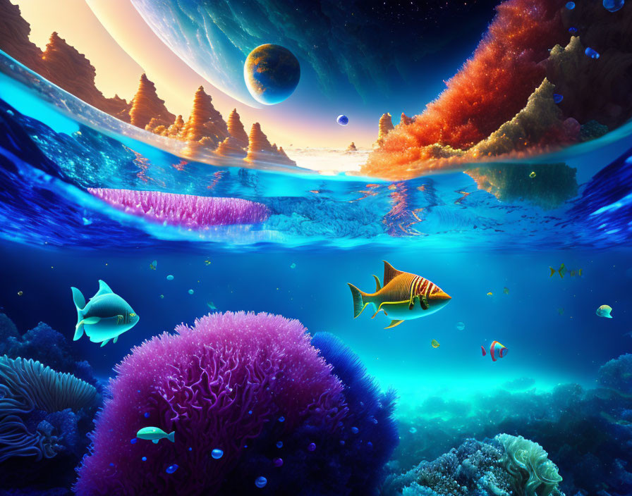 Colorful underwater scene with exotic fish, coral, and fantasy space backdrop