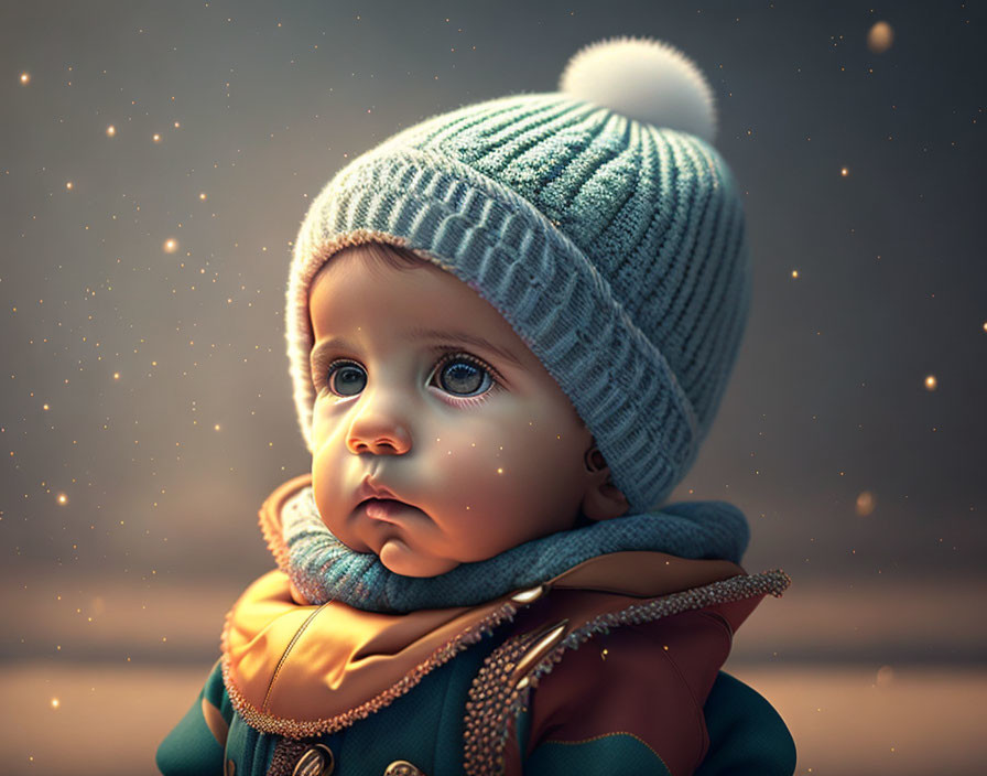 Toddler in warm hat and jacket with thoughtful expression in gentle glow.