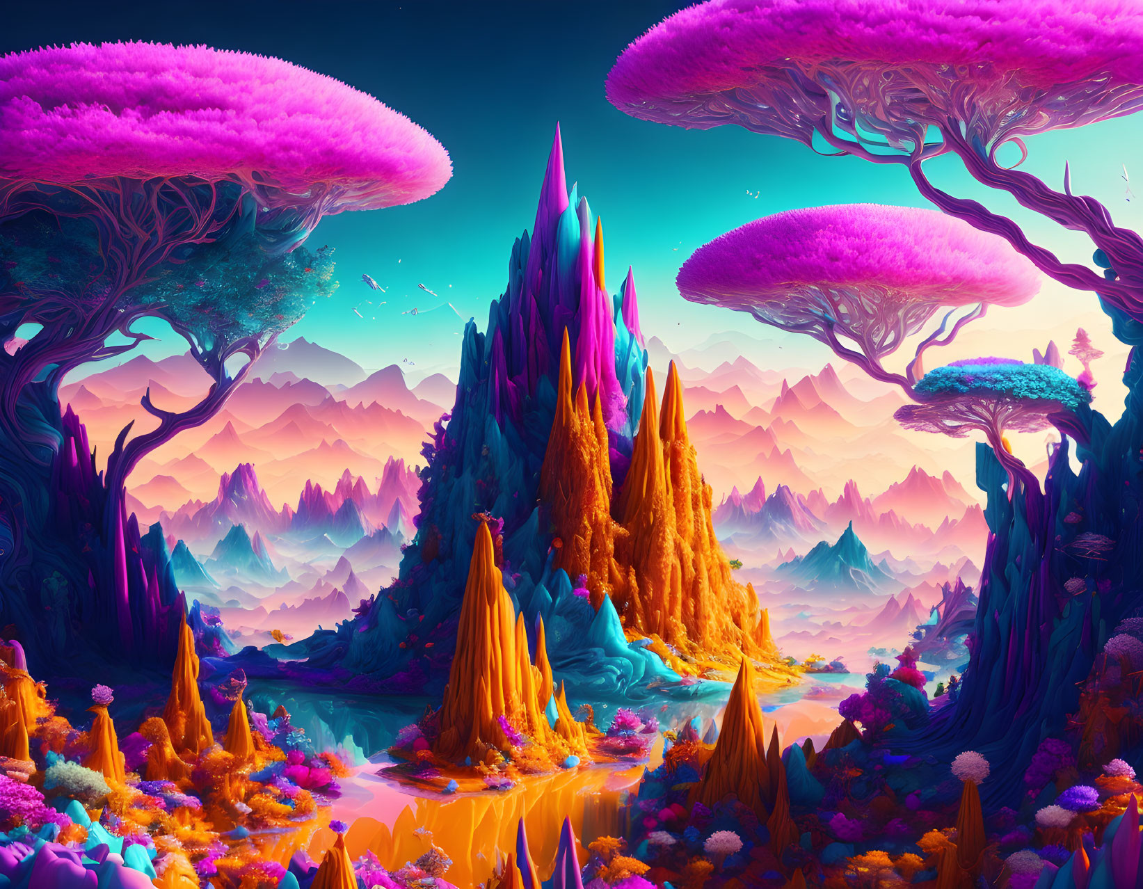 Colorful alien landscape with neon mountains, mushroom trees, and surreal river.