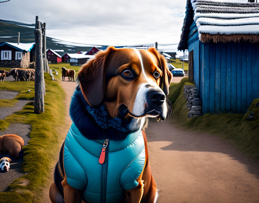 Blue Jacket Dog in Traditional Village Setting with Sheep