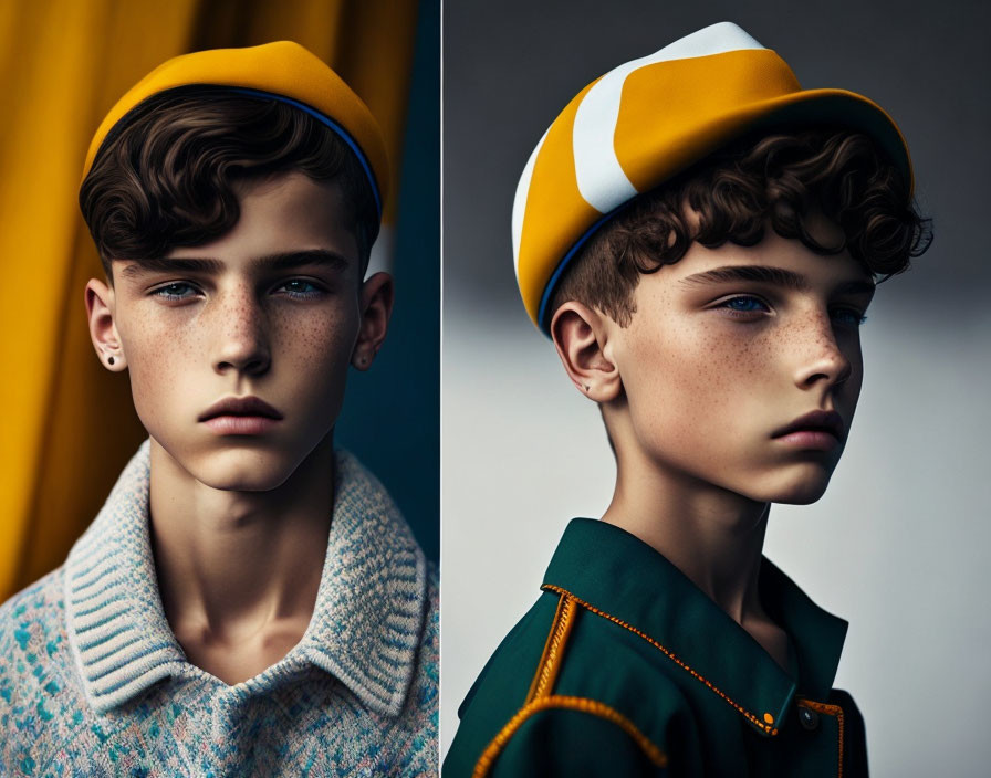 Young male in yellow cap diptych: curly hair, serious expression, stylish attire