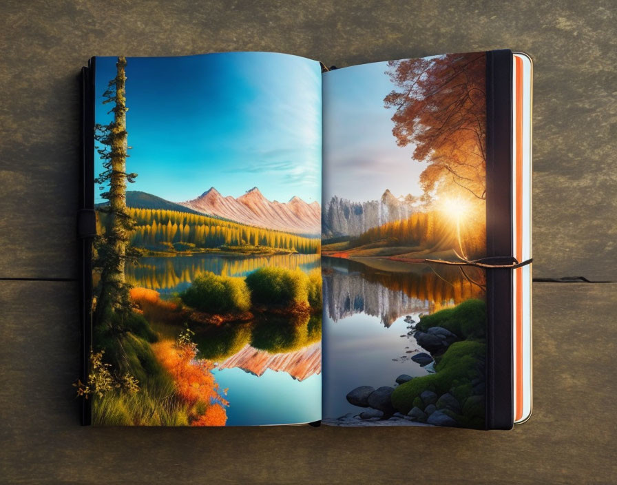 Vibrant landscape photo in open book: mountain range, trees, reflecting lake, day to sunrise