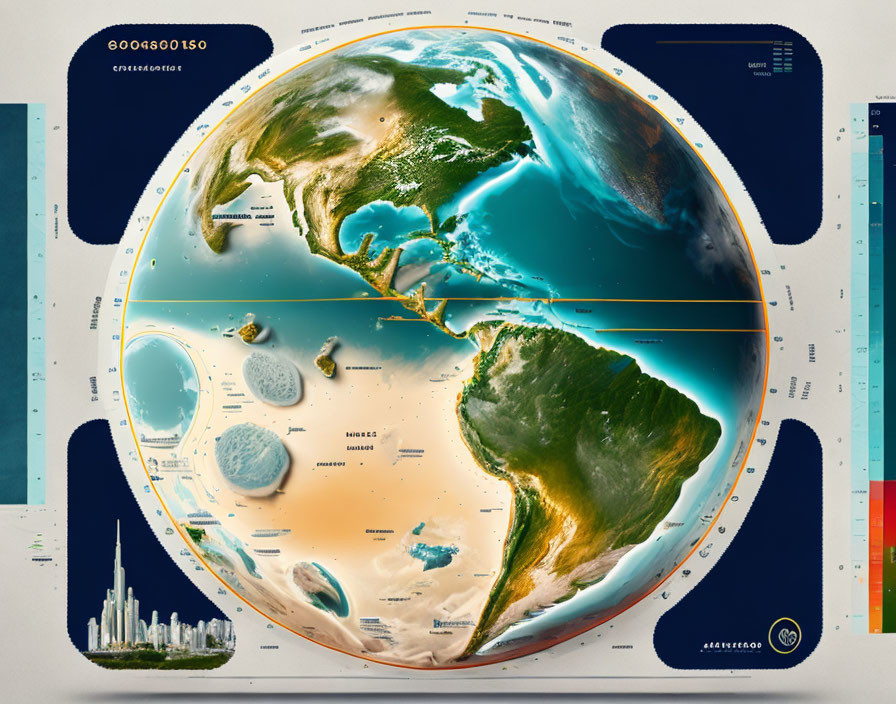 Detailed Earth Topography Map with Color-Coded Legends and Coordinates