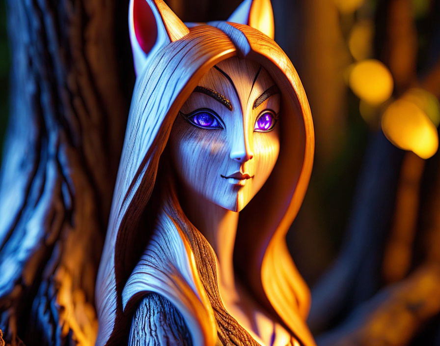 Detailed Close-Up of Fantasy Fox-Like Character with Purple Eyes