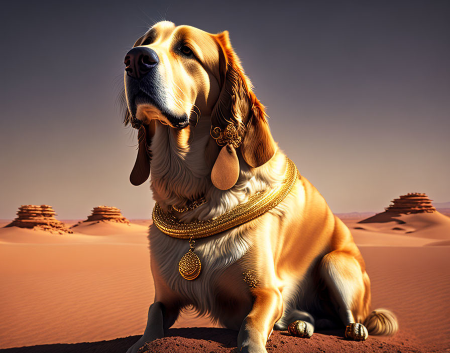 Golden retriever in desert sunset with lavish gold jewelry