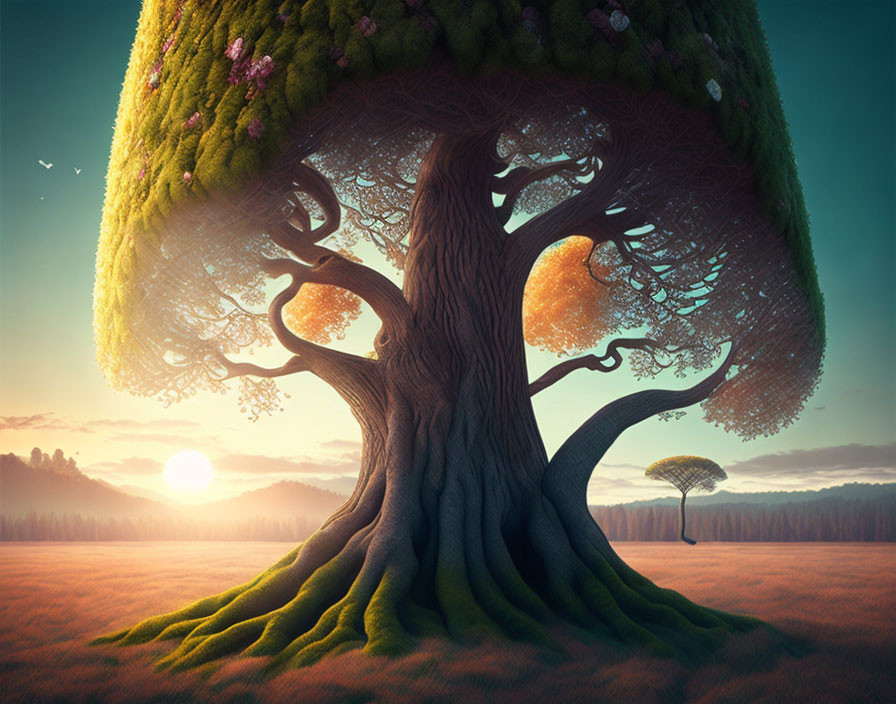 Whimsical tree artwork with globe-shaped canopy in serene landscape