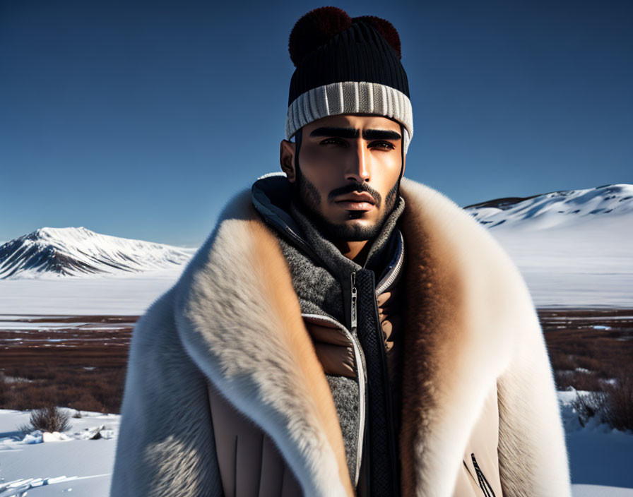 Male character with beard in winter attire on snowy landscape