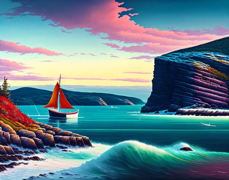 Red sail sailboat near rocky cliff with blue sea, red foliage, colorful dusk sky