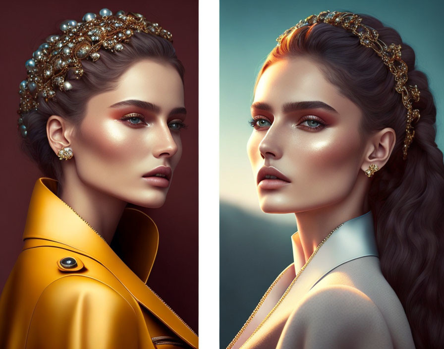 Digital artwork: Woman with pearl headpieces and golden jewelry portraits on warm-toned backdrop