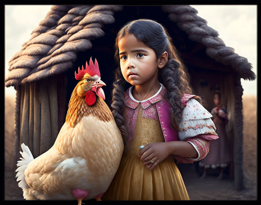 Young girl in yellow dress holds brown chicken with worried expression