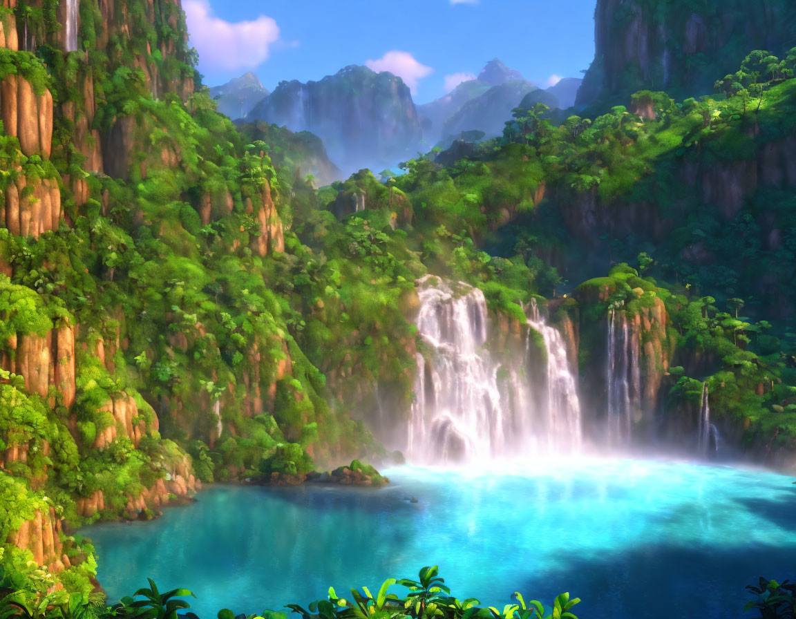 Serene waterfall cascading into vibrant blue lagoon amidst lush greenery