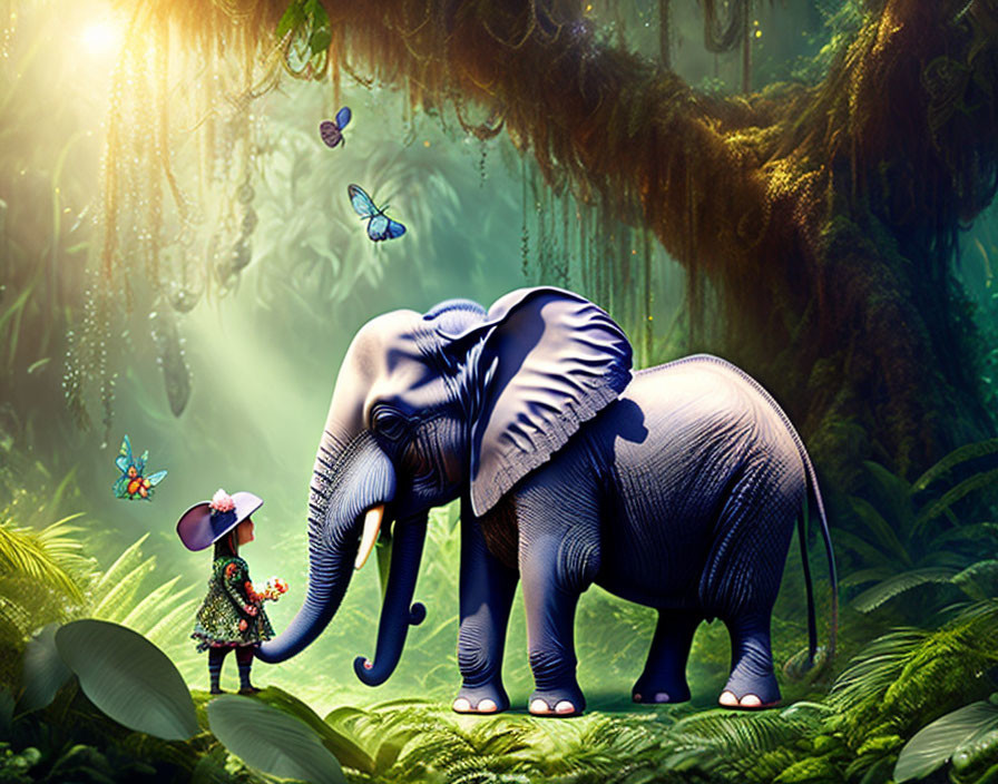 Child in hat touching elephant's trunk in lush jungle with butterflies and rays of light.