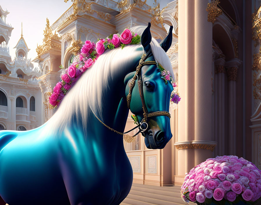 Blue horse with pink roses and green bridle in front of palace with bouquet