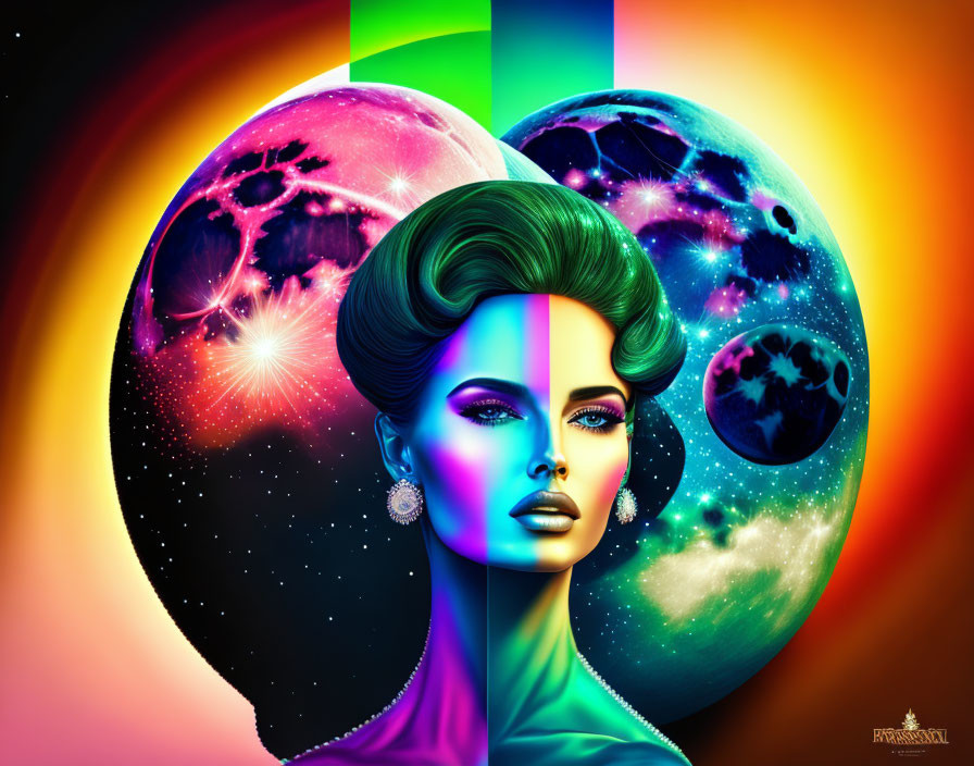 Colorful digital artwork: Woman against galaxy backdrop with neon hues