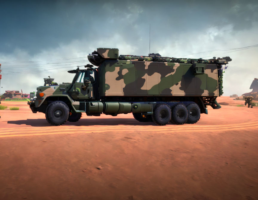 Camouflage Military Truck with Missile Launch System in Desert Terrain