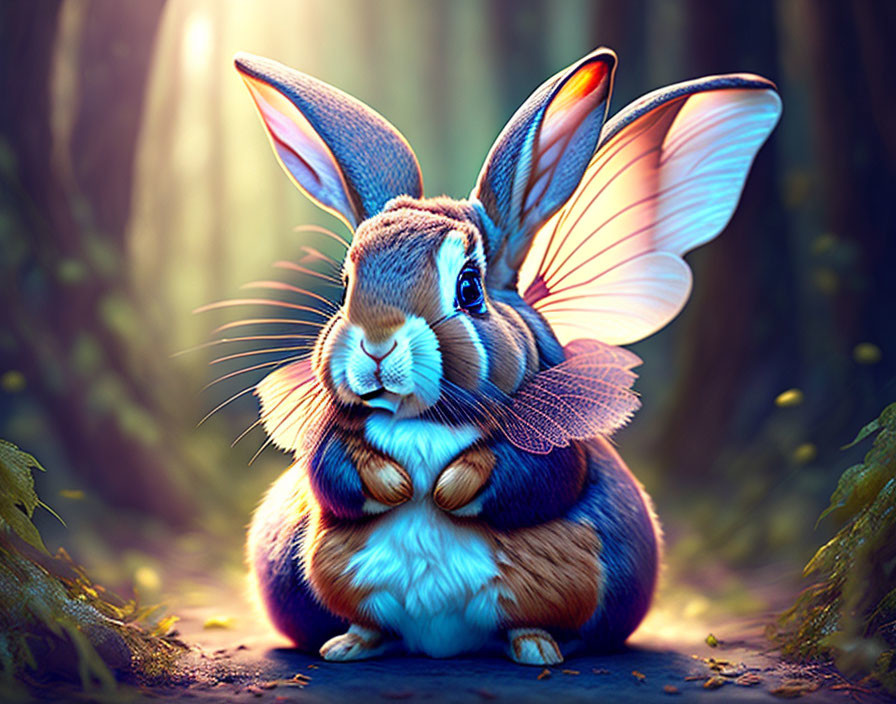 Fantastical rabbit with butterfly wings in magical forest with light beams.