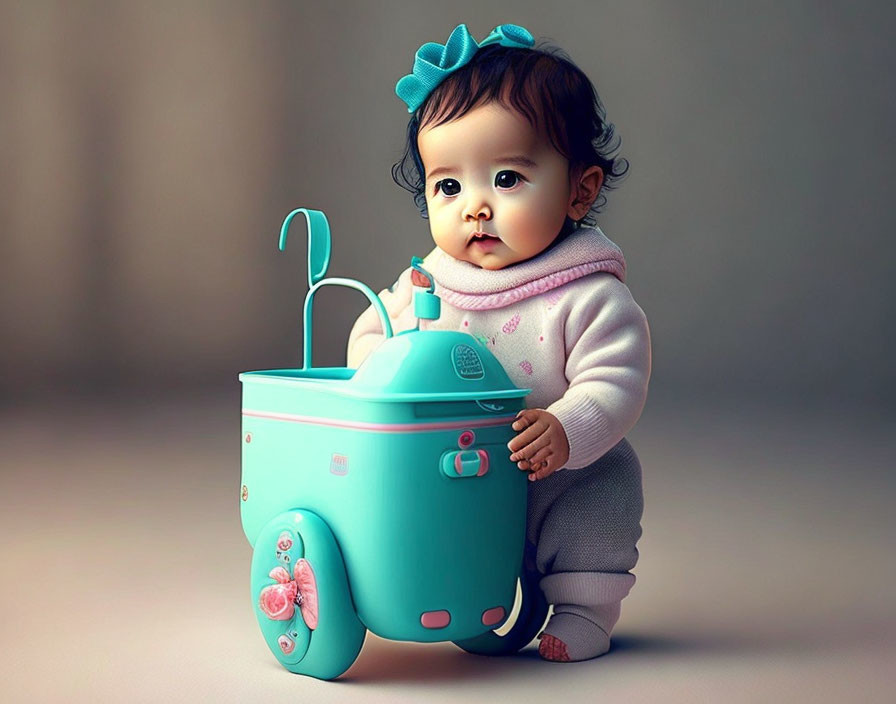 Adorable baby with bow headband next to toy washing machine